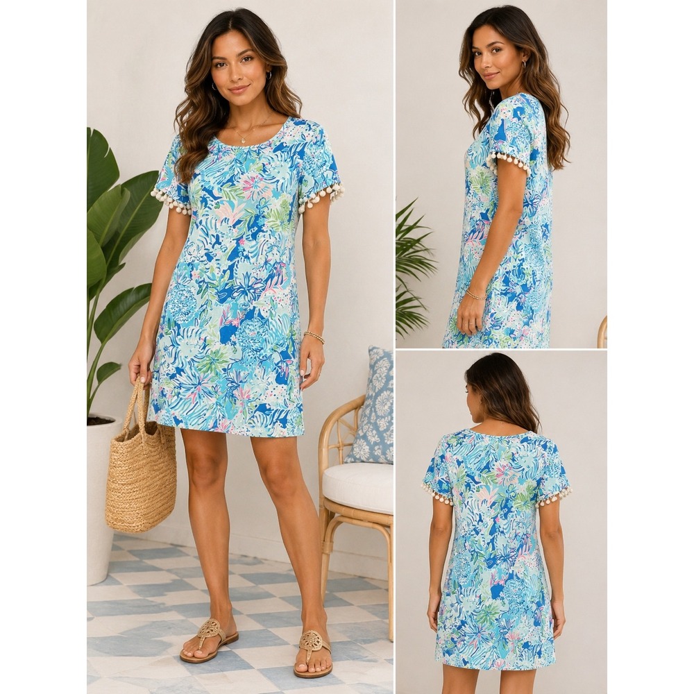 Lilly Pulitzer Women's Lissie Dress Coastal Blue Lion Around Tassel Sleeves Sm